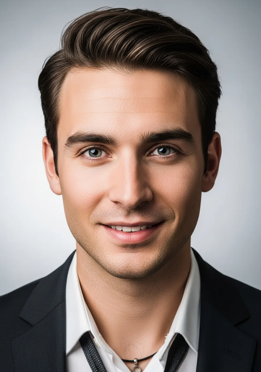 Professionelles Bewerbungsfoto mit neutralem Studiohintergrund