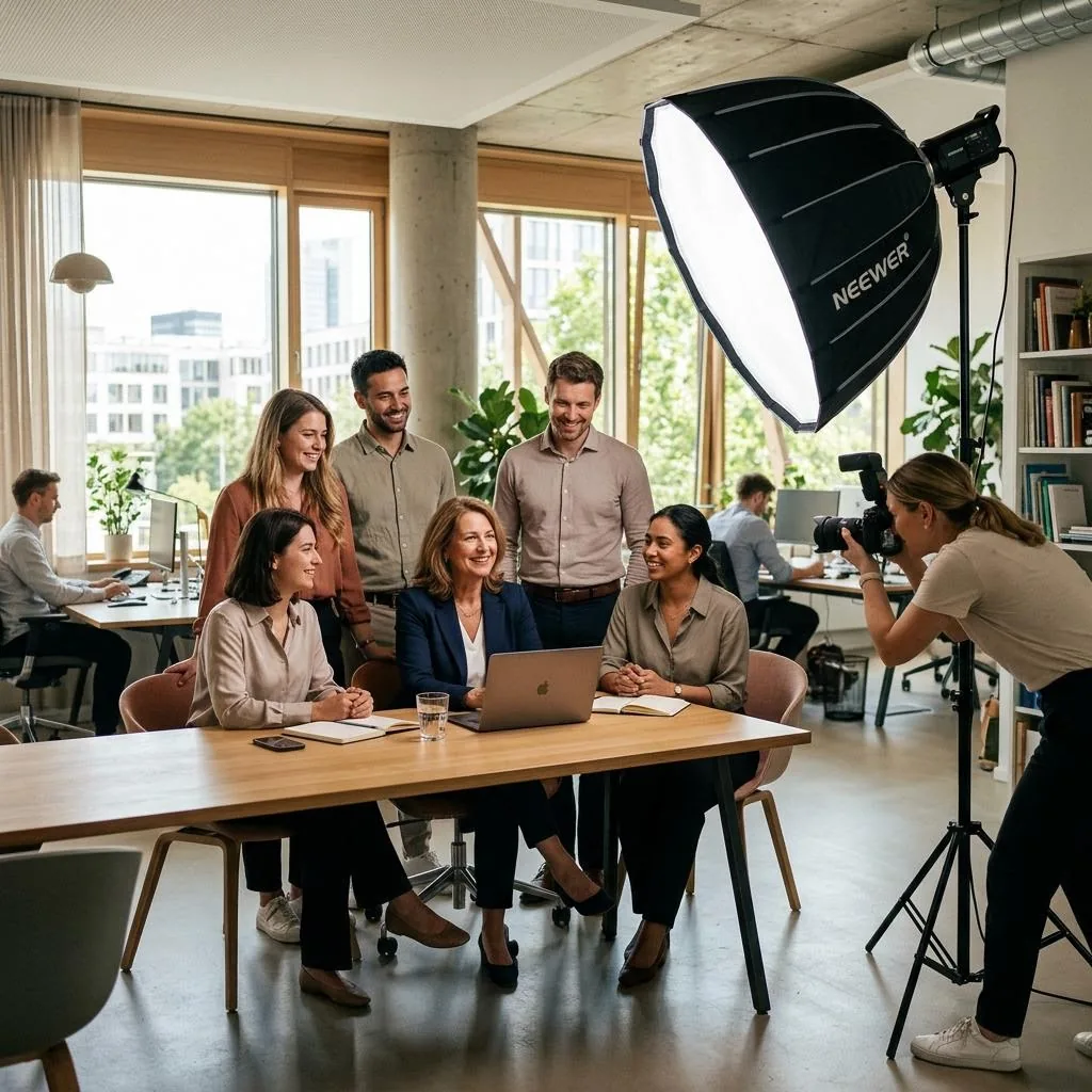 Fotografin fotografiert ein Team in seinem Büro mit mobiler Studiobeleuchtung