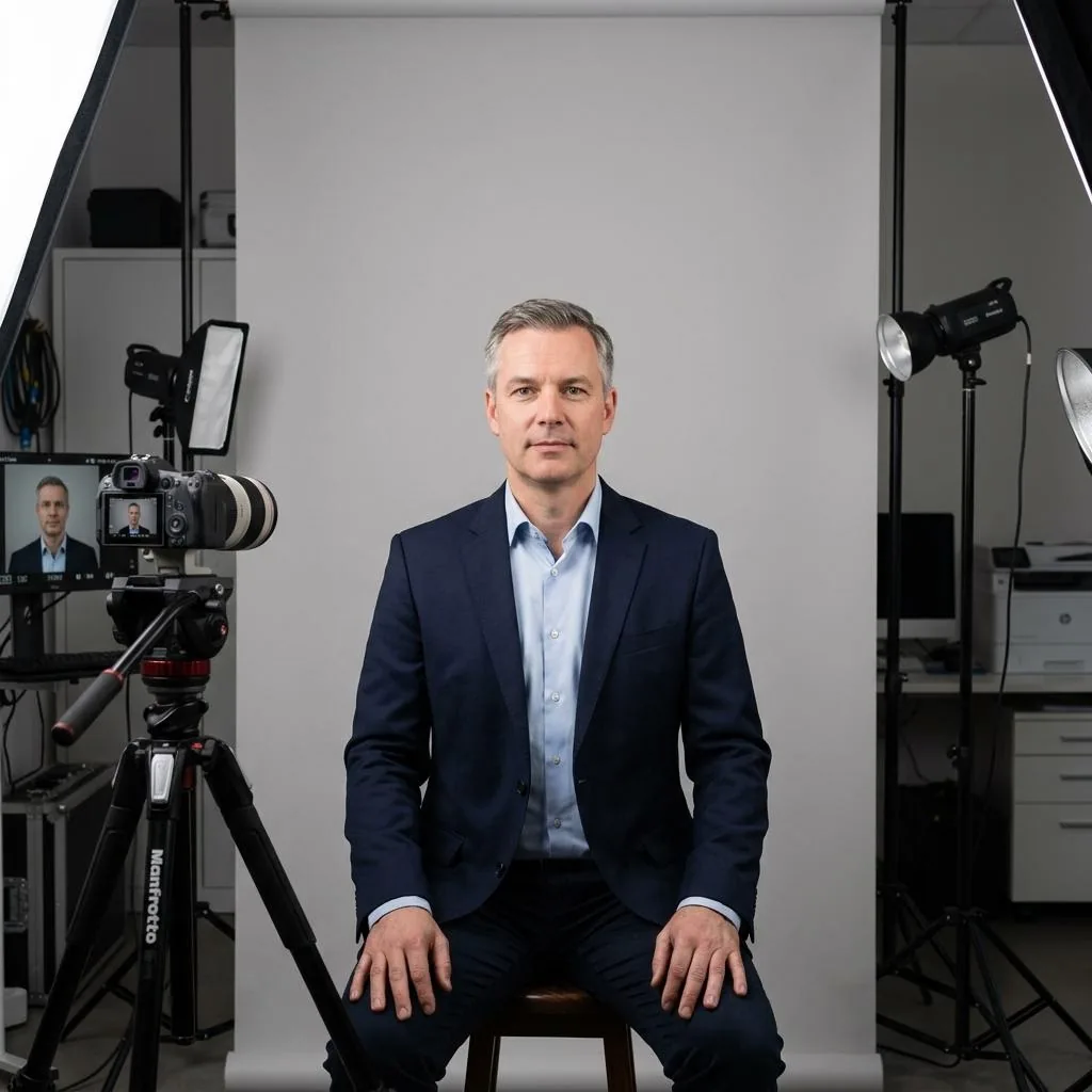 Person bei der Aufnahme eines Passbilds im Fotostudio vor neutralem Hintergrund